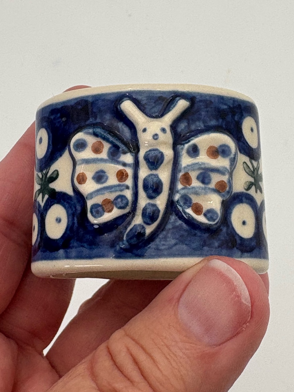 Vintage Hand-Painted Polish Pottery Blue Butterfly Napkin Ring - 2 Inches